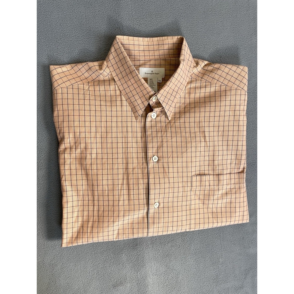 Ermenegildo Zegna Long Sleeve Shirt Peachy/tan Window Pane 2xl  Made In Italy